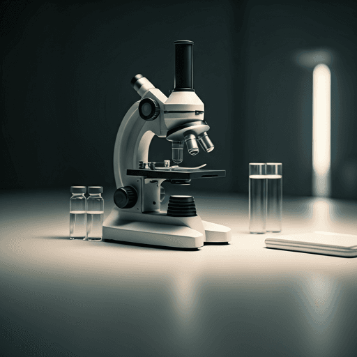 Laboratorium riset medis modern dengan mikroskop digital dan vial kaca.