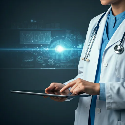 Dokter menggunakan tablet untuk meninjau data kesehatan