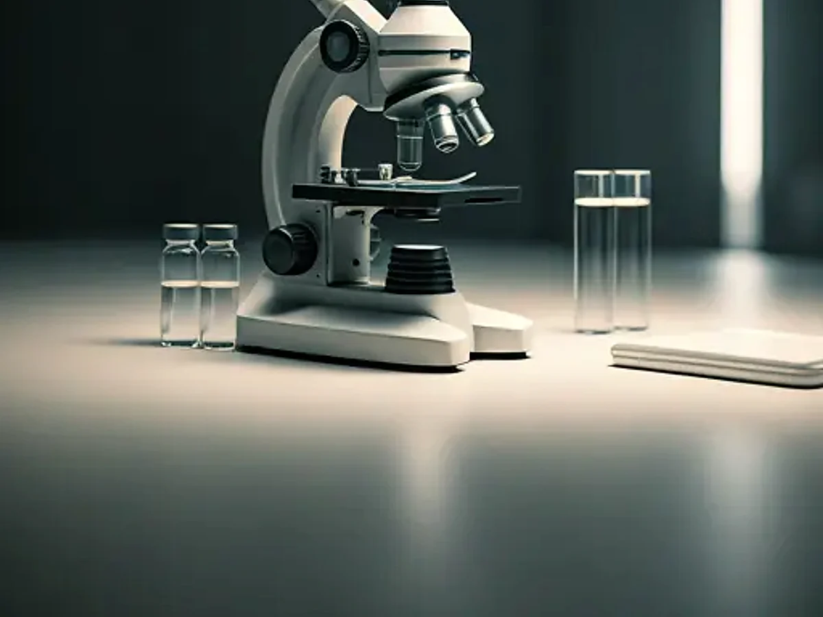 Laboratorium riset medis modern dengan mikroskop digital dan vial kaca.